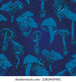 Seamless pattern with forest mushrooms and mystery lights,  vector illustration