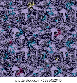 Seamless pattern with forest mushrooms and mystery lights,  vector illustration