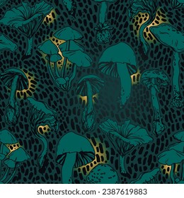 Seamless pattern with forest mushrooms and mystery lights,  vector illustration