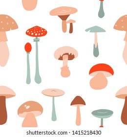 Seamless pattern with forest mushrooms on white. Flat style, doodle texture for design, textile, packaging, paper. Hand drawn autumn illustration in vector. 