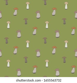 Seamless pattern with forest mushrooms on green background. Vector image. 