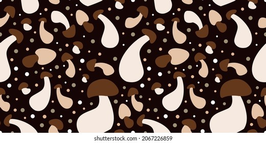 Seamless pattern with forest mushrooms on dark brown background. Food, organic, vegetarian pattern. Champignon, boletus, mushroom pattern.