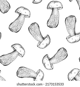 Patrón sin foco con champiñones en un fondo blanco. Ilustración vectorial dibujada por mano