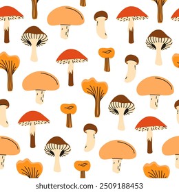 Seamless pattern with forest mushrooms. Vector illustration on a white background. Autumn harvest. Illustration in a flat style.