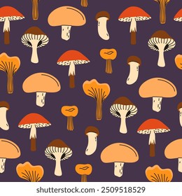 Seamless pattern with forest mushrooms. Vector illustration on a dark background. Autumn harvest. Illustration in a flat style.