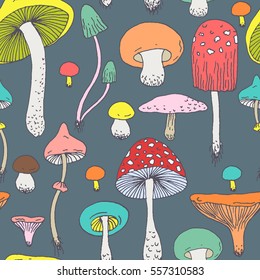 Seamless pattern with Forest mushrooms - vector outline hand drawn sketch. Collection of different mushrooms with roots, real edible and poisonous boletus