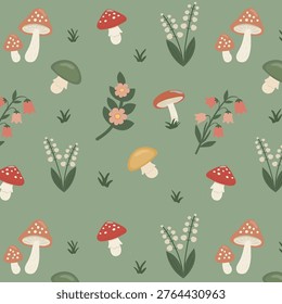 Seamless pattern with forest mushrooms and wildflowers in flat doodle style. Cozy woodland design. Vector illustration on green background. For fabric,  packaging, nursery decor, seasonal prints.