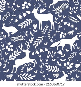 Motif harmonieux avec une empreinte naturelle de forêt. Le lièvre, le renard, le cerf parmi les feuilles, les fleurs, les branches. Images vectorielles.
