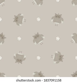 Nahtloses Muster. Beige der Waldheule. Für Textilien, Kinderbekleidung, Verpackungspapier, Designerdekor. Blauer Hintergrund. Vektorbild