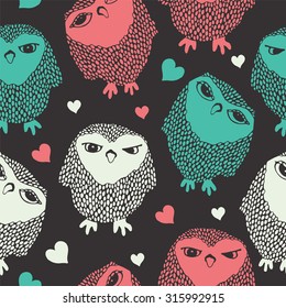 Seamless pattern with forest owls.