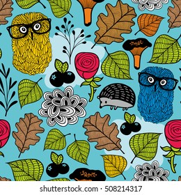 Seamless pattern with forest plants and animals. Vector illustration.