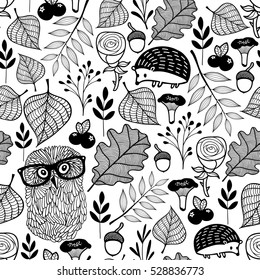 Seamless pattern with forest plants and animals. Vector endless illustration for coloring.