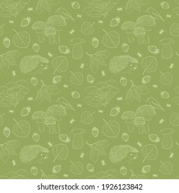 Seamless pattern with forest plants, hedgehog, leaves berries, mushrooms, birds, insects. Vector endless illustration.