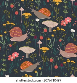 Seamless pattern with forest plants and snails. Vector graphics.