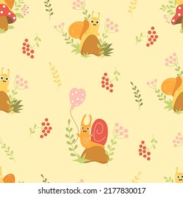 Seamless pattern with forest snails. Cute clam on mushroom and happy snail on stone with balloon in grass on light beige background. Vector illustration. Kids pattern collection with forest insect