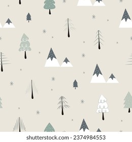 Seamless pattern with forest, snowflake and mountain. Winter background. Vector illustration, for print, textile, poster, wallpaper, car, wrapping paper
