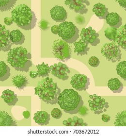 Seamless pattern. Forest top view. Various trees and plants. View from above. 