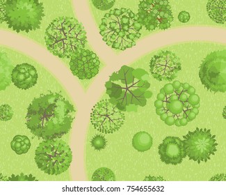 Seamless pattern. Forest top view. Various trees and plants. View from above. 