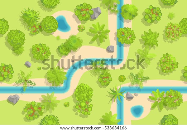 シームレスなパターン フォレストの上面図 さまざまな木 ヤシの木 植物 岩 川 上から見る のベクター画像素材 ロイヤリティフリー