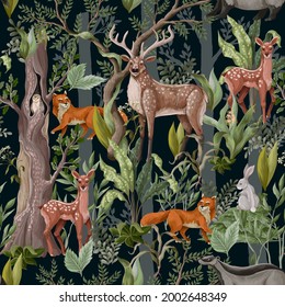 Seamless pattern with forest trees and animals. Vector