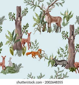 Seamless pattern with forest trees and animals. Vector
