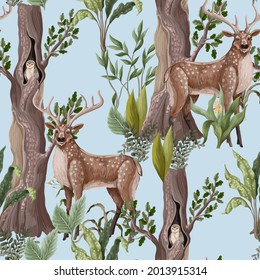 Seamless pattern with forest trees and deers. Vector