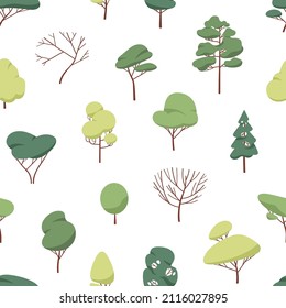 Seamless pattern with forest trees. Endless background design with mix wood plants print. Nature backdrop for decor. Repeating texture with foliage and coniferous. Colored flat vector illustration