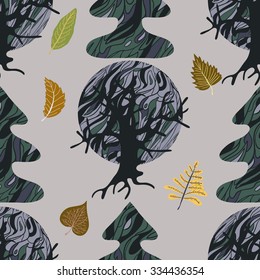 seamless pattern of forest trees and leaves