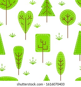Seamless pattern with forest trees on white background. Flat patch stylized plant icons. Concept for childish or eco design. Vector 10 EPS illustration.
