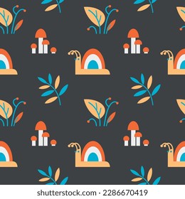 Seamless pattern with forest vegetation and snails for printing on textiles and packaging. Edible mushrooms with red caps. Wild berries in the grass. Stylized snail in geometric style
