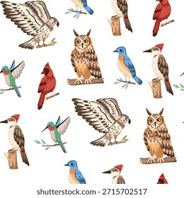 Patrón sin fisuras con aves silvestres del bosque. Estampado para tela y textil con búho, pinzón y pájaro carpintero 