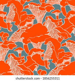 Seamless pattern with forest wild mushrooms. Graphic print with chanterelles. Hand drawn texture for fabric and textile industry. Orange objects on a blue background.