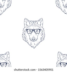 Seamless pattern with forest wolf wear glasses. Dog dressed up in neardy style on white background Realistic hand drawn blue ink vector illustration backdrop for textile wrapping paper fashion design