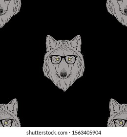 Seamless pattern with forest wolf wear glasses. Dog dressed up in neardy style on black background Realistic hand drawn vector illustration backdrop for textile wrapping paper fashion design