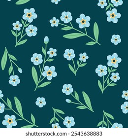 Seamless pattern with Forget me not Flower on dark background. Plant ornament for fabric, background, wallpaper. Vector illustration.