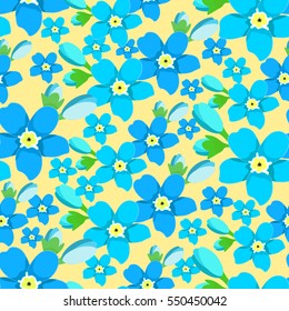 seamless pattern  of forget-me-alpine a wild floweron yellow background.  vector illustration