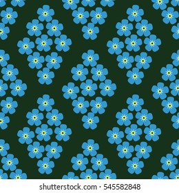 seamless pattern with forget-me-in the form of rhombus on dark green background