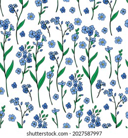 Seamless pattern Forget-me-not flower vector illustration isolated on white background, colorful ink sketch, decorative herbal doodle, line art for design medicine, wedding invite, floral cosmetic