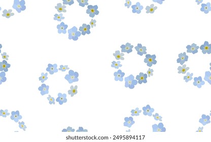 Patrón sin fisuras con flores olvidadme-no dobladas en corolas, delicadas flores de Myosotis sobre un fondo blanco. Uso para los patrones en la tela, ropa de cama, publicidad, carteles, etc. Ilustración vectorial