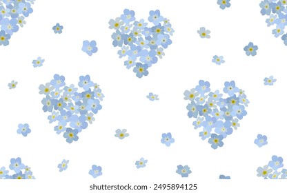 Patrón sin fisuras con flores de olvidarme-no dobladas en corazones, flores delicadas de Myosotis sobre un fondo blanco. Uso para los patrones en la tela, ropa de cama, publicidad, carteles, etc. Ilustración vectorial