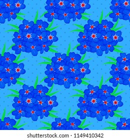 Seamless pattern with forget-me-not flowers in green, red and blue colors. Beautiful vector pattern for decoration and design. Vintage style trendy print. Exquisite pattern of forget-me-not flowers.