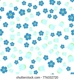 Seamless pattern with forget-me-not flowers,  lily of the valley, lilacs on white background. For print, wrapping or wallpaper.