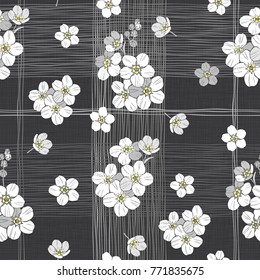 Seamless  pattern with forget-me-not flowers on a dark background. Monochrome vector illustration.