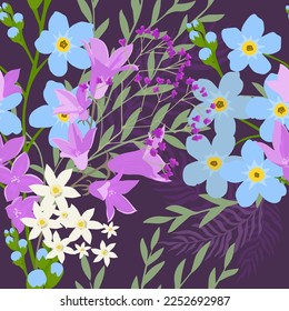 Nahtlose Muster von vergessenen Noten und Bluebells auf dunklem Hintergrund. Vektorgrafik