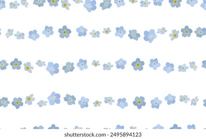 Patrón sin fisuras con notas olvidadas, líneas de flores de Myosotis sobre un fondo blanco. Uso para los patrones en la tela, ropa de cama, publicidad, carteles, etc. Ilustración vectorial