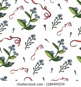 Seamless pattern with forget-me-nots and ribbons. Endless pattern on white background for your season design