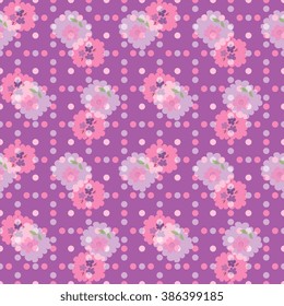 Seamless pattern with forget-me-nots, roses and dots. Vector illustration with flowers for textile, fabrics, prints.