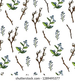 Seamless pattern with forget-me-nots and and willow branches. Endless pattern with festive romantic elements on white background for your season design
