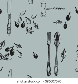 Seamless pattern with fork, knife and spoon. Hand drawn graphic background.