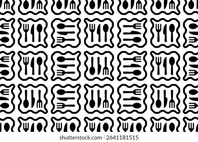 Seamless pattern fork, spoon, and knife for restaurant background. Decoration cafeteria, place to eat, and culinary events.